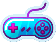 a sticker of a blue and purple video game controller with a cord coming out of it