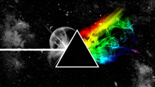 a black triangle with rainbow smoke coming out of it and a moon in the background