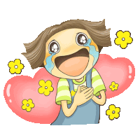 a cartoon of a girl crying with flowers and hearts in the background