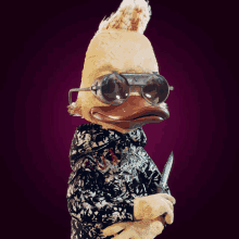 a cartoon duck wearing sunglasses and a jacket holds a knife