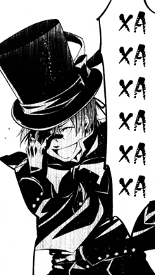 a black and white drawing of a man wearing a top hat with the letter x on it