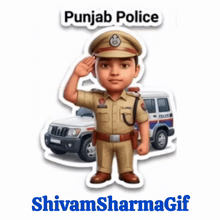 a cartoon of a punjab police officer saluting in front of a police car