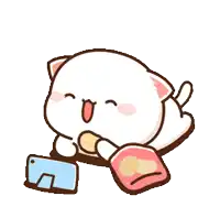 a cartoon cat is eating a cookie while looking at a phone .