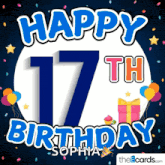 a happy 17th birthday greeting card with balloons and presents