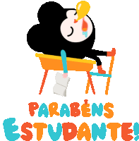 a cartoon character sits on a desk with the words parabéns estudante written below him