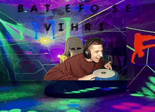 a man wearing headphones is playing a drum in front of a sign that says batefose vihri on it