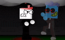 a cartoon character with the letter r on his hat is standing next to another character