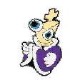 a pixel art drawing of a cartoon character with big eyes and a purple jacket .