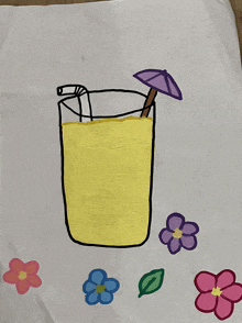 a child 's drawing of a glass of lemonade with a straw and umbrella