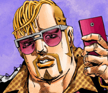 a cartoon of a man holding a cell phone