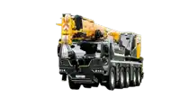 a black and yellow truck with a crane attached to the back of it .