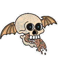 a cartoon drawing of a skull with bat wings eating a cookie