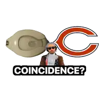 a man wearing headphones stands in front of a toilet and a bears logo with the words coincidence below him