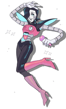 a drawing of a robot holding a microphone with stars around her