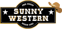 a sign that says sunny western with a cowboy hat in the background