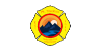 a logo for the mt. truckton volunteer fire department with mountains and a river