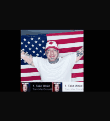 a man wearing a canadian hat and a white shirt stands in front of an american flag