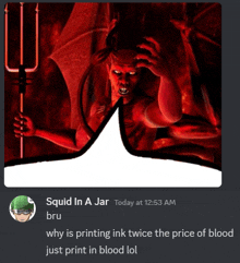 a picture of a devil with a trident has a reply from bru