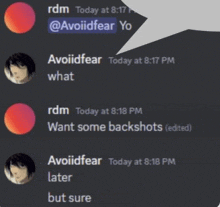 a screenshot of a discord conversation between avoidfear yo and rdm