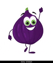 a cartoon illustration of a purple fig with arms and legs and a face .