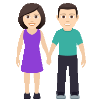 a woman in a purple dress and a man in a blue shirt are holding hands