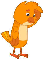 a cartoon bird with orange feathers is looking at something