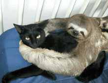 a black cat is being held by a sloth