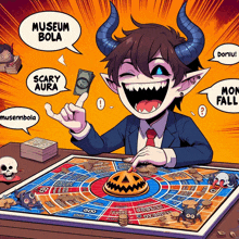 a cartoon of a monster playing a board game that says museum bola