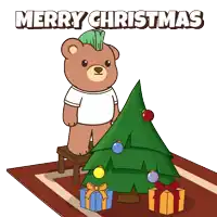 a cartoon of a teddy bear putting a star on top of a christmas tree with the words merry christmas below it