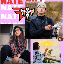 a man smoking a cigarette next to a woman sitting on a stool and a logo for nate nation