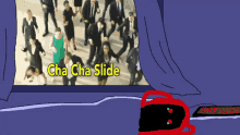 a cartoon of a group of people dancing with the words cha cha slide below them