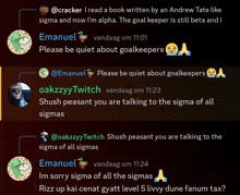 a screenshot of a conversation between emanuel and oakzzy twitch