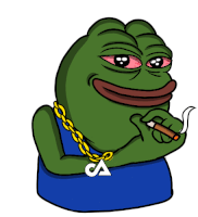 a green frog wearing a blue shirt and a chain with the letter ca on it