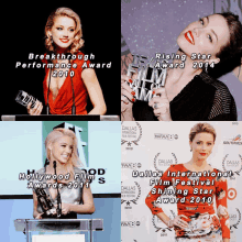 a collage of pictures of amber heard holding awards