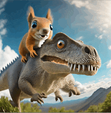 a squirrel sits on the back of a dinosaur