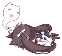 a girl with long hair is laying on her back with a ghost behind her
