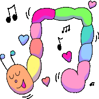 a colorful caterpillar with hearts and music notes surrounding it