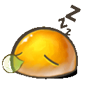 a cartoon illustration of a sleeping orange with a green leaf in its mouth .