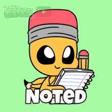 a cartoon drawing of a pencil holding a notebook and the word noted below it