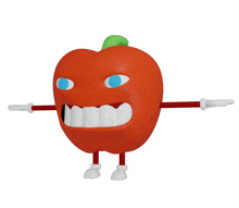 a 3d model of an apple with arms and legs has a big smile on its face