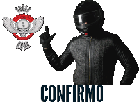 a man wearing a helmet giving a thumbs up next to a confirmo sign