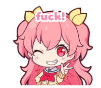 a cartoon girl with pink hair is giving a peace sign and the word fuck is above her head