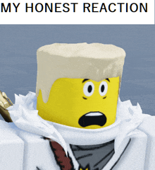 a lego character with a surprised face and the words " my honest reaction " above it