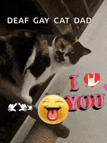 a calico cat with its tongue hanging out and a sign that says deaf gay cat dad i love you