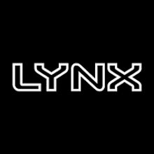 the lynx logo is white on a black background and looks like a neon sign .