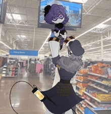 a drawing of a person in a store with the words " this art belongs to lungnose " on the back