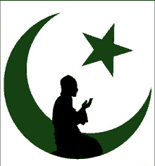 a silhouette of a man kneeling in front of a green crescent moon and star .