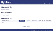 a screenshot of the optifine website showing the minecraft versions