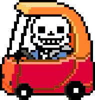 a pixel art illustration of a skeleton driving a red car