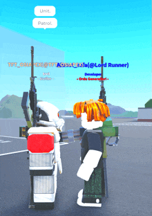 two roblox characters are standing next to each other and talking